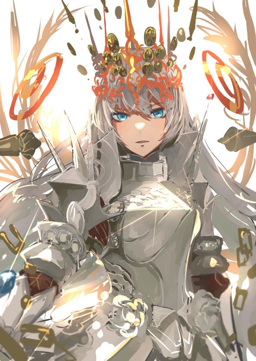 1girl, armor, blue_eyes, breastplate, crown, fate/grand_order, fate_(series), grey_hair