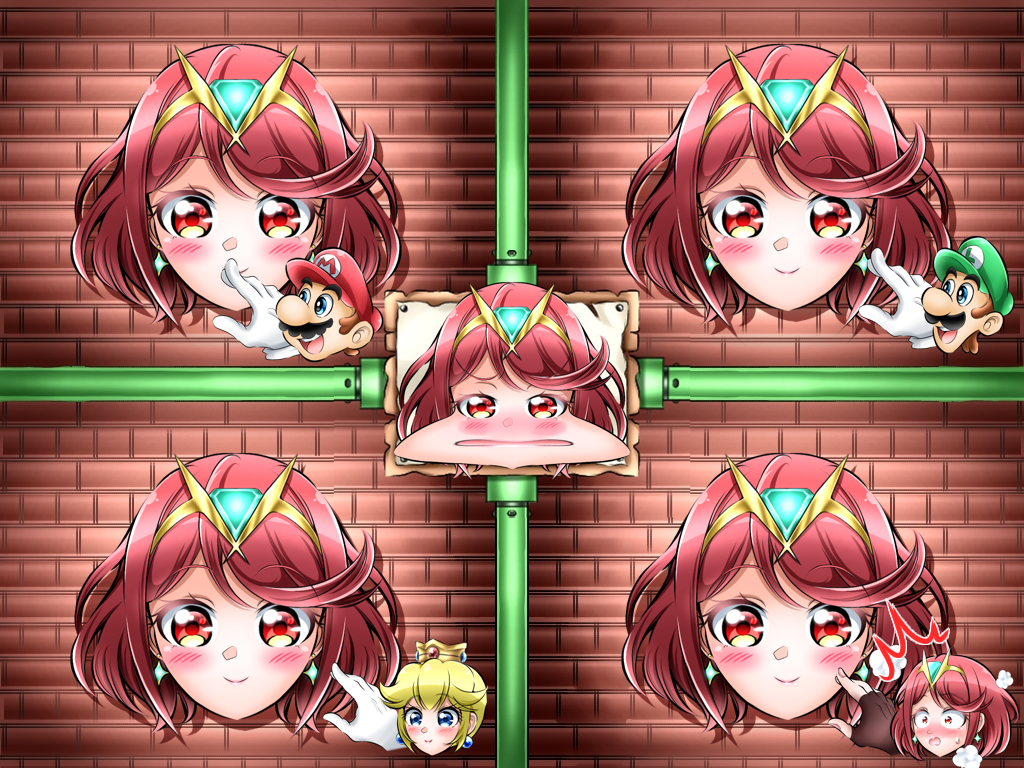 2boys, 2girls, co-dai, crossover, crown, earrings, jewelry, luigi, mario, mario_(series), mario_party, multiple_boys, multiple_girls, nintendo, princess_peach, pyra_(xenoblade), red_eyes, red_hair, severed_head, short_hair, swept_bangs, tiara, xenoblade_chronicles_(series), xenoblade_chronicles_2