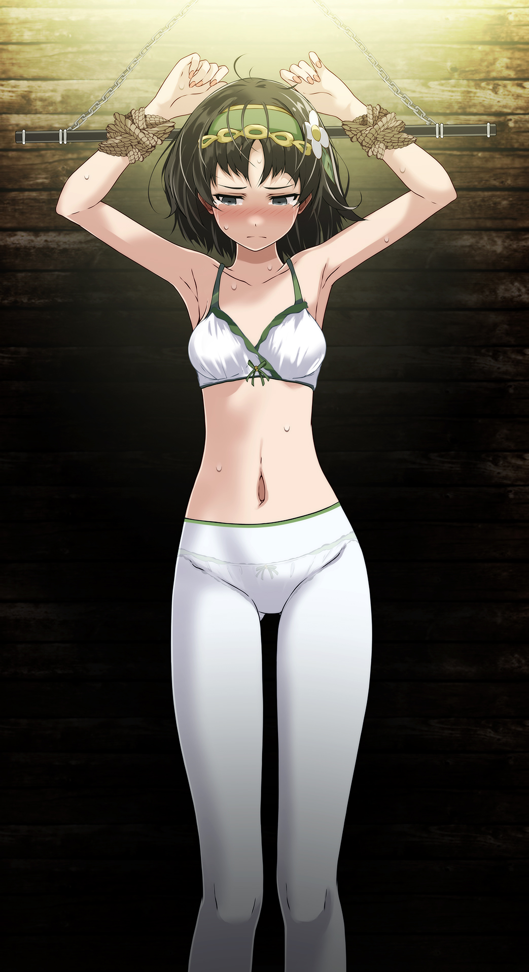 1girl, armpits, bdsm, black_hair, bondage, bound, bound_arms, bra, breasts, closed_mouth, collarbone, dress, erika_(pokemon), erika_(sygna_suit)_(pokemon), flower, frown, green_eyes, green_headband, hair_flower, hair_ornament, headband, highres, looking_down, medium_breasts, medium_dress, medium_hair, midriff, navel, nintendo, official_alternate_costume, panties, panties_under_pantyhose, pantyhose, pokemon, pokemon_masters_ex, restrained, solo, standing, stomach, sweatdrop, tsukishiro_saika, underwear, white_bra, white_flower, white_pantyhose