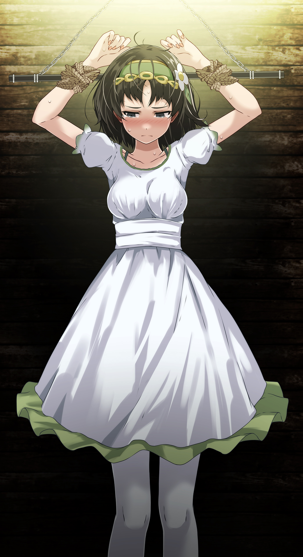 1girl, bdsm, black_hair, bondage, bound, bound_arms, breasts, closed_mouth