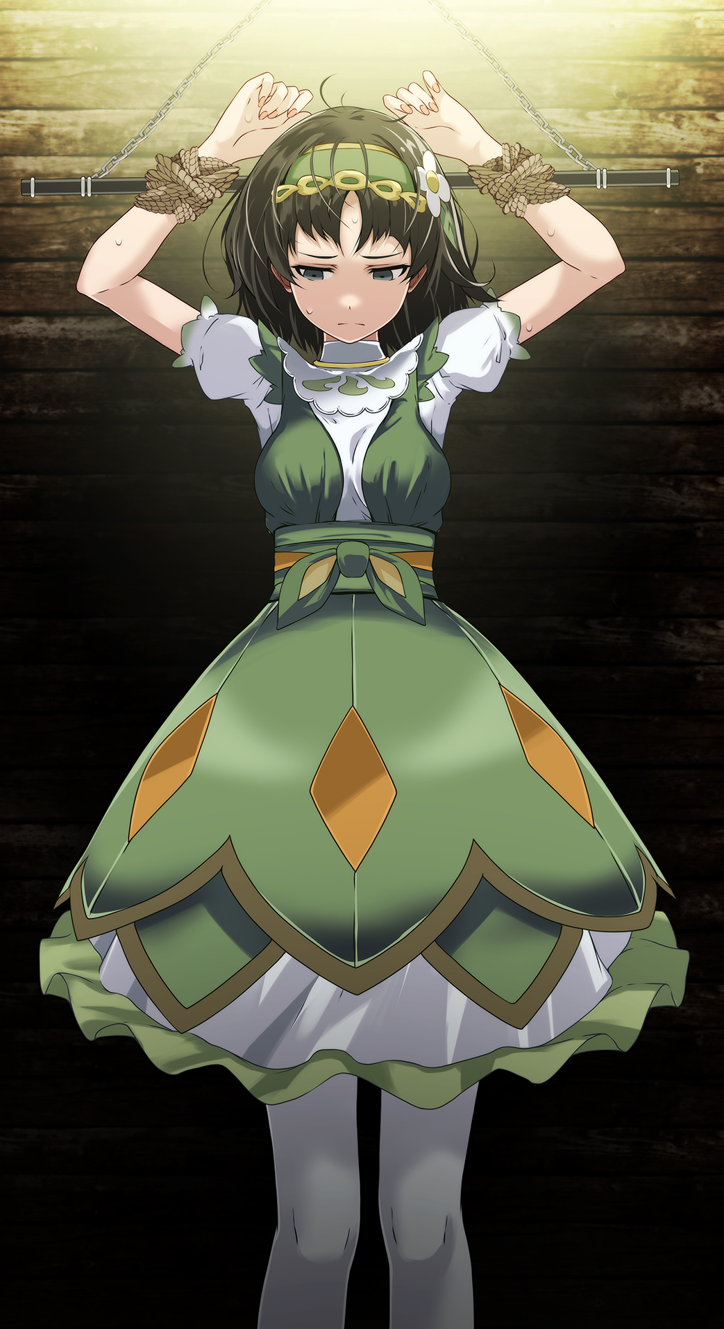 1girl, bdsm, black_hair, bondage, bound, bound_arms, closed_mouth, dress, erika_(pokemon), erika_(sygna_suit)_(pokemon), flower, frown, green_dress, green_eyes, green_headband, hair_flower, hair_ornament, headband, highres, layered_dress, looking_down, medium_dress, medium_hair, nintendo, official_alternate_costume, pantyhose, pokemon, pokemon_masters_ex, restrained, shirt, solo, standing, sweatdrop, tsukishiro_saika, white_flower, white_pantyhose, white_shirt