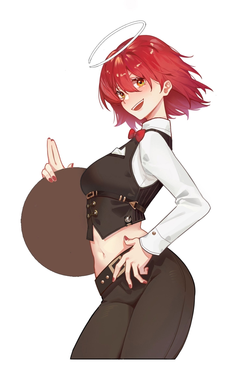 1girl, absurdres, alternate_costume, arknights, belt, black_belt, black_pants, black_vest, blush, bow, bowtie, breasts, commentary, contrapposto, cowboy_shot, cropped_shirt, exusiai_(arknights), floating_hair, hair_between_eyes, halo, hand_on_own_hip, highres, holding, holding_tray, lai_dou_laile_555, long_sleeves, looking_at_viewer, medium_breasts, midriff, nail_polish, navel, missing_wings, open_mouth, orange_eyes, pants, penguin_logistics_logo, red_bow, red_bowtie, red_hair, red_nails, shirt, short_hair, simple_background, smile, solo, tray, v-shaped_eyebrows, vest, white_background, white_shirt