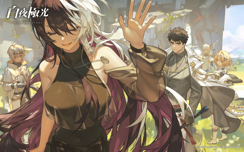 2boys, 3girls, alchemy_stars, black_dress, black_gloves, black_hair, blonde_hair, boots