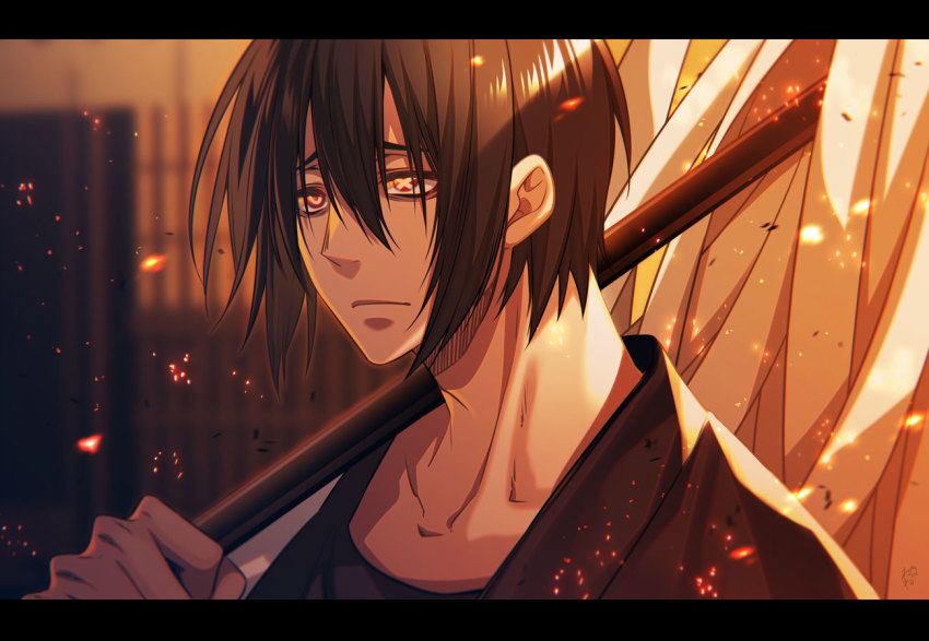 1boy, black_hair, embers, en'en_no_shouboutai, hair_between_eyes, holding, letterboxed, male_focus, matoi, shinmon_benimaru, short_hair, solo, suzuka_nene, symbol-shaped_pupils