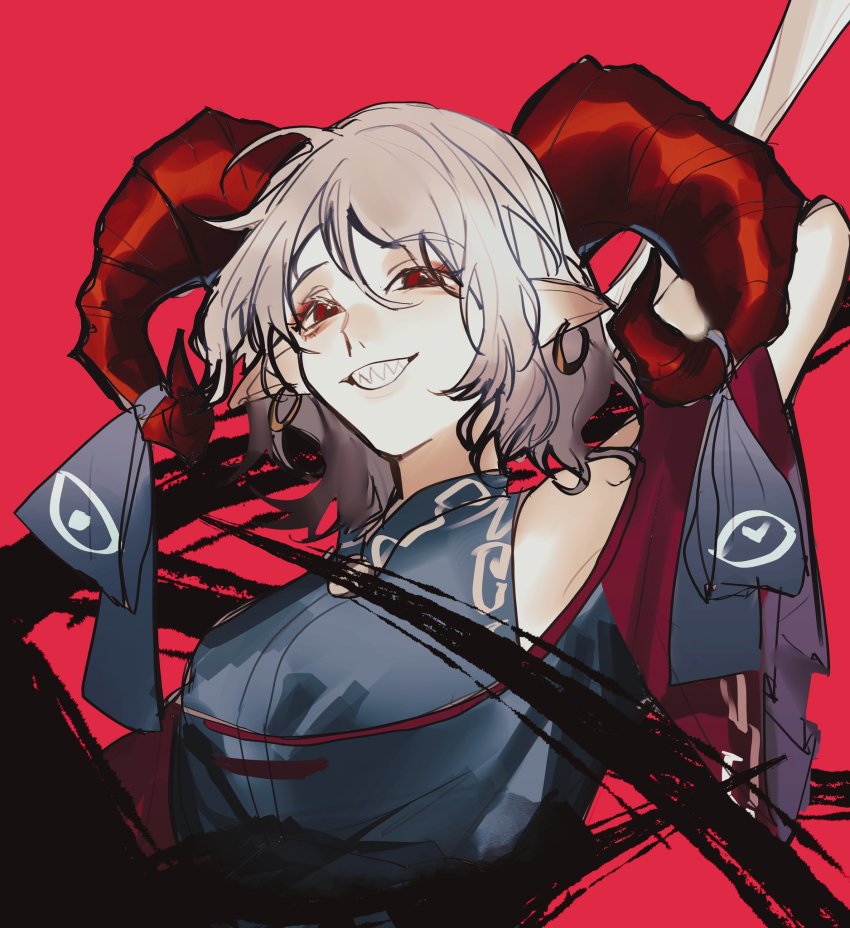 1girl, armpits, bare_shoulders, breasts, dress, earrings, hair_between_eyes, hand_up, heinrich_(fernanderuddle), highres, horns, jewelry, looking_at_viewer, pointy_ears, red_background, red_eyes, ribbon, sharp_teeth, short_hair, short_sleeves, sidelocks, smile, solo, teeth, touhou, toutetsu_yuuma, white_hair