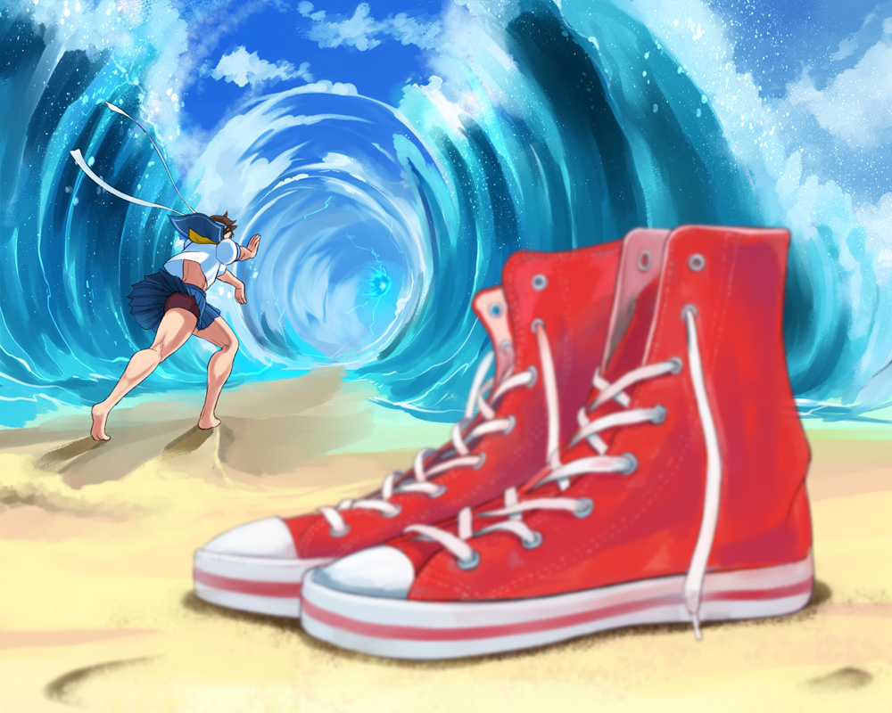 1girl, bare_legs, barefoot, beach, blue_skirt, blue_sky, blurry, blurry_foreground