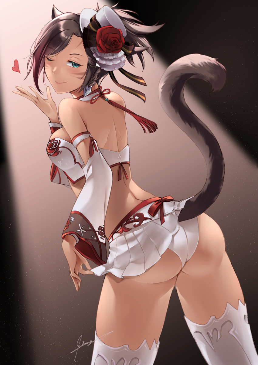 1girl, animal_ears, ass, warrior_of_light_(ff14), bandeau, black_hair, braid, breasts, cat_ears, cat_tail, detached_sleeves, facial_mark, final_fantasy, final_fantasy_xiv, from_behind, green_eyes, hat, heart, highres, looking_at_viewer, looking_back, marie_makise, medium_breasts, miqo'te, multicolored_hair, nanase_kokono, one_eye_closed, short_hair, signature, skirt, slit_pupils, solo, tail, thighhighs, two-tone_hair, whisker_markings
