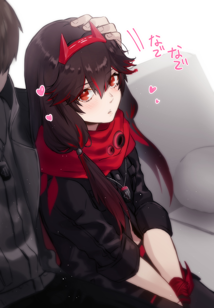 1boy, 1girl, :o, black_gloves, black_jacket, closed_mouth, couch, gloves, hair_between_eyes, head_grab, headband, headpat, heart, jacket, long_hair, looking_at_viewer, lucia:_lotus_(pgr), lucia_(pgr), open_mouth, punishing:_gray_raven, red_eyes, red_hair, red_neckwear, sachiko_y, scarf, sitting, three-quarter_sleeves, twintails