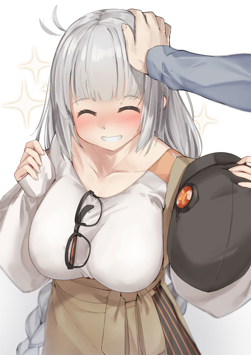 1boy, 1girl, ^_^, a.i._voice, ahoge, ahoge_wag, black-framed_eyewear, black_headwear, blush, braid, breasts, brown_skirt, closed_eyes, collarbone, commentary_request, expressive_hair, eyewear_hang, facing_viewer, glasses, gradient_background, grey_background, grey_hair, grin, hat, highres, holding, holding_unworn_clothes, holding_unworn_hat, kanzen_bouon, kizuna_akari, kizuna_akari_(a.i._voice), large_breasts, long_hair, long_sleeves, out_of_frame, shirt, single_braid, skirt, smile, sparkle, unworn_eyewear, unworn_hat, unworn_headwear, very_long_hair, white_background, white_shirt