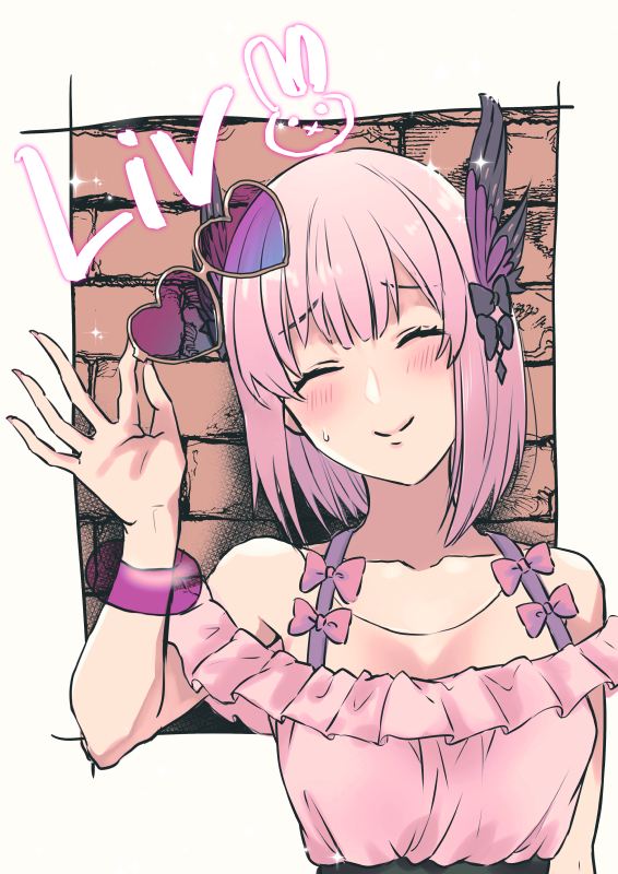 1girl, bare_shoulders, blush, bob_cut, border, brick_wall, character_name, closed_eyes