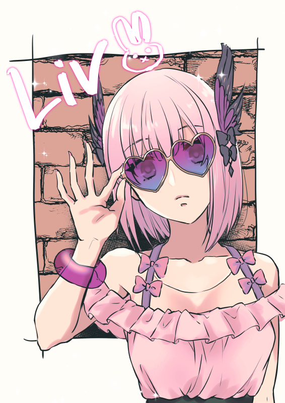 1girl, bare_shoulders, bob_cut, border, brick_wall, character_name, closed_mouth, unworn_eyewear