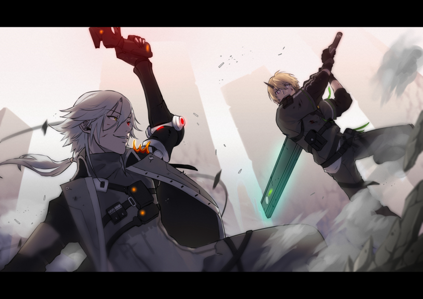 2boys, black_jacket, blonde_hair, building, fighting, glowing, glowing_eye, grey_pants