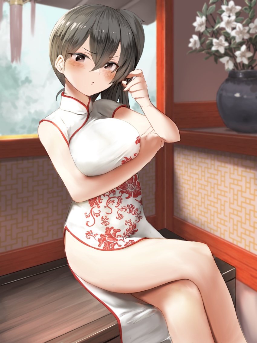 1girl, alternate_costume, black_hair, blush, breasts, brown_eyes, china_dress, chinese_clothes