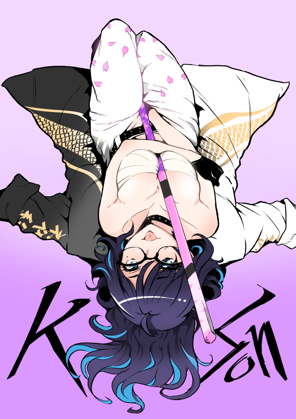 1girl, ahoge, bare_shoulders, black_gloves, black_hair, blue_eyes, bokken, character_name, coat, collarbone, commentary_request, gloves, indie_virtual_youtuber, kson, mole, mole_under_eye, multicolored_coat, muraji, pants, petal_print, print_pants, solo, souchou, sword, two-tone_coat, virtual_youtuber, weapon, white_pants, wooden_sword