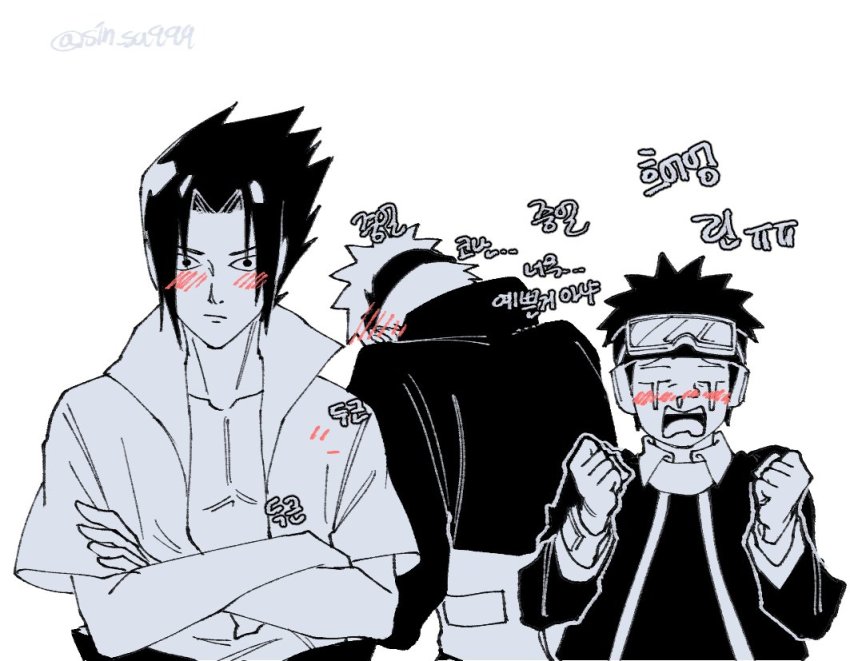 3boys, blush, from_behind, goggles, goggles_on_head, jacket, long_sleeves, monocrome