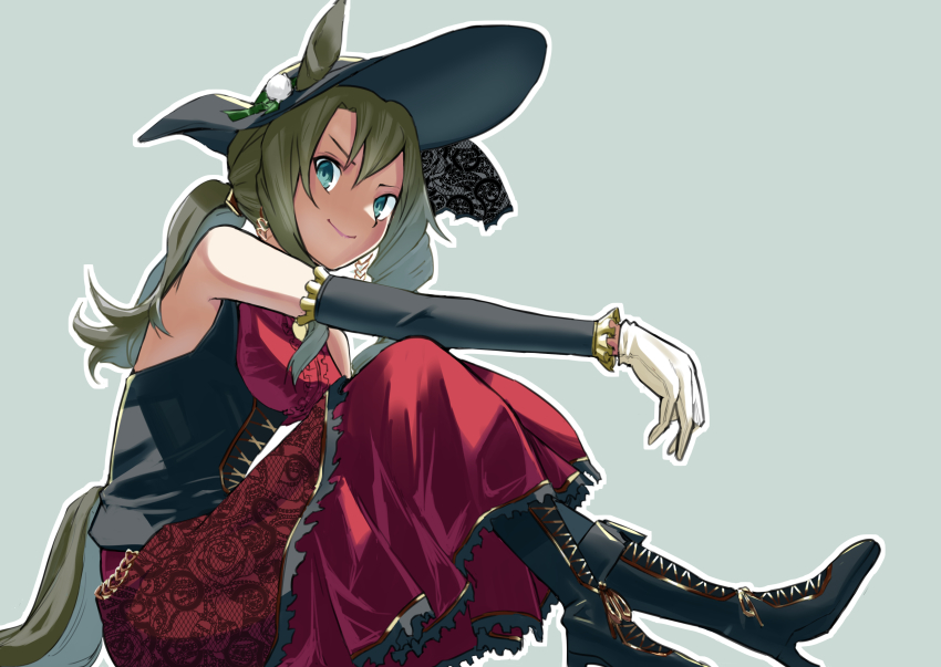 1girl, absurdres, animal_ears, aqua_eyes, arm_warmers, boots, brown_hair, dress, ears_through_headwear, eyebrows_hidden_by_hair, gentildonna_(racehorse), gloves, green_background, high_heel_boots, high_heels, highres, horse_ears, horse_girl, horse_tail, imuka041, lace_trim, long_hair, looking_at_viewer, original, personification, red_dress, solo, tail, umamusume, white_gloves