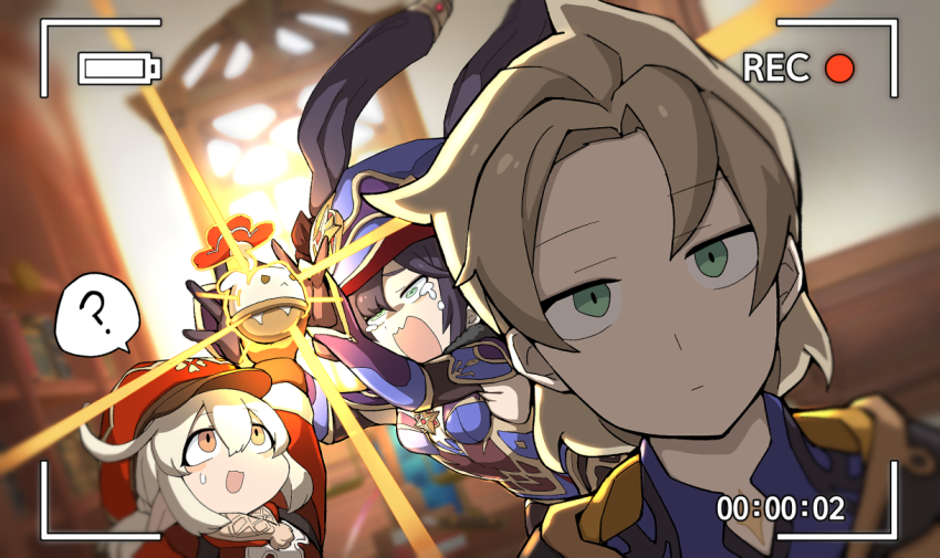 1boy, 2girls, ?, albedo_(genshin_impact), arm_up, armpits, arms_up, battery_indicator