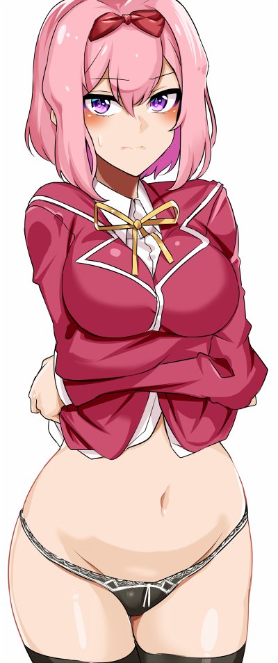 1girl, black_panties, black_thighhighs, blush, breasts, closed_mouth, collared_shirt, cowboy_shot