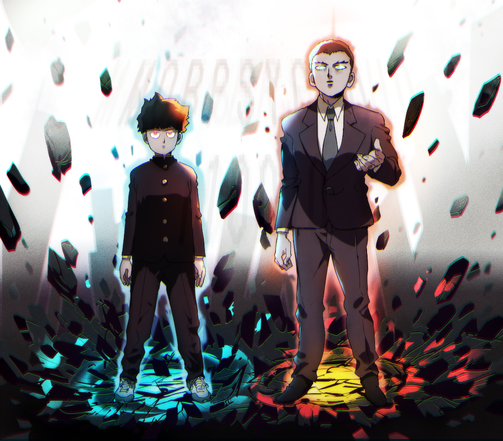 2boys, aoki_(fumomo), aura, black_hair, blue_eyes, brown_hair, formal_clothes, gakuran