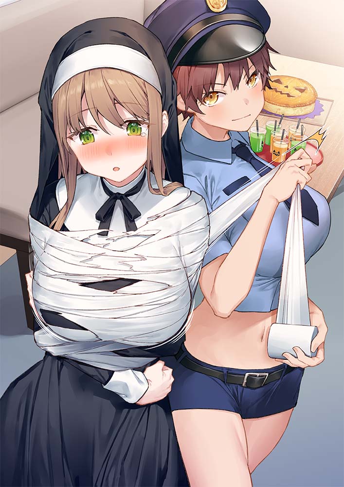2girls, belt, blonde_hair, blue_headwear, blue_shirt, blue_shorts, blush, breasts, brown_hair, collared_shirt, crop_top, fuwa_akira, green_eyes, habit, hanashiro_yuuka, hat, large_breasts, looking_at_viewer, midriff, multiple_girls, navel, necktie, nose_blush, nun, nun_headdress, original, parted_lips, peaked_cap, police, police_hat, police_uniform, policewoman, restrained, revealing_clothes, shirt, short_hair, short_necktie, short_shorts, short_sleeves, shorts, smile, stomach, thighs, tissue, tokuno_yuika, v-shaped_eyebrows, veil, yellow_eyes