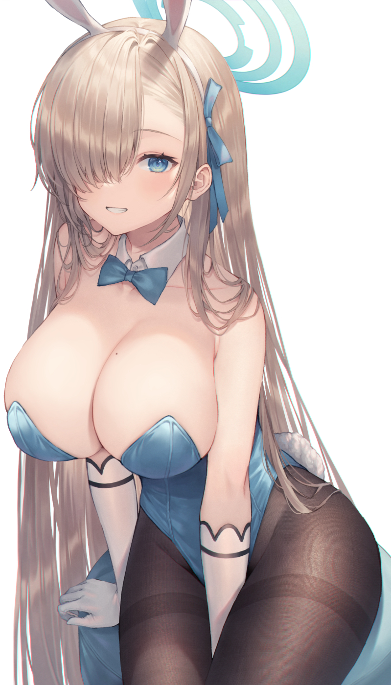 1girl, animal_ears, arm_support, asuna_(blue_archive), asuna_(bunny)_(blue_archive), bare_shoulders, between_legs, blue_archive, blue_bow, blue_bowtie, blue_eyes, blue_leotard, blue_ribbon, bow, bowtie, breasts, brown_pantyhose, cleavage, collarbone, commentary, cowboy_shot, detached_collar, elbow_gloves, fake_animal_ears, fake_tail, gloves, grin, groin, hair_between_eyes, hair_over_one_eye, hair_ribbon, hairband, halo, hand_between_legs, highres, large_breasts, leotard, light_brown_hair, long_hair, looking_at_viewer, me_meel, mole, mole_on_breast, one_eye_covered, pantyhose, playboy_bunny, rabbit_ears, rabbit_tail, ribbon, simple_background, sitting, smile, solo, stool, strapless, strapless_leotard, tail, thighband_pantyhose, traditional_bowtie, very_long_hair, white_background, white_gloves, white_hairband