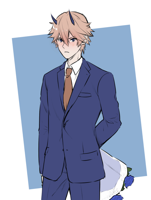 1boy, arm_behind_back, blue_background, blue_eyes, blue_flower, blue_jacket, blue_pants, blue_rose