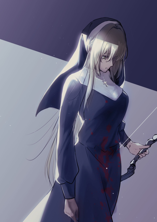 1girl, bianca_(npc)_(pgr), bianca_(pgr), black_dress, blonde_hair, blood, blood_on_clothes, bow_(weapon)