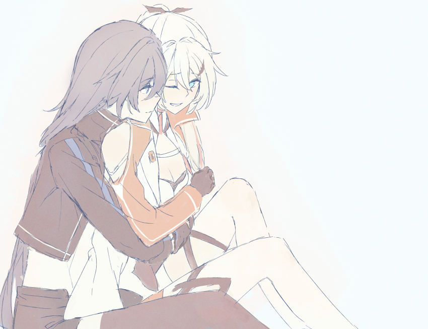 2girls, absurdres, bare_shoulders, breasts, cleavage, cropped_jacket, fu_hua, gloves