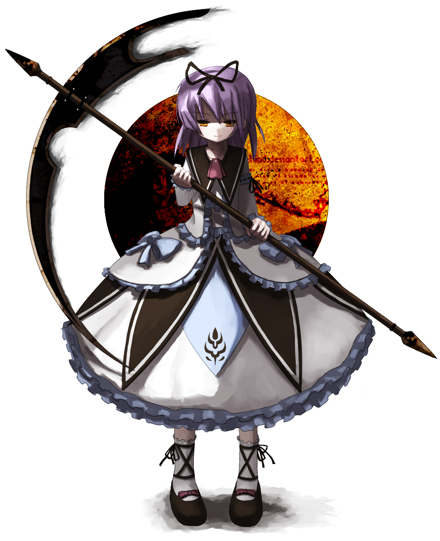 1girl, bad_id, bad_pixiv_id, eiyuu_densetsu, falcom, female_focus, microdrive, purple_hair, renne_(eiyuu_densetsu), ribbon, scythe, short_hair, solo, sora_no_kiseki, yellow_eyes