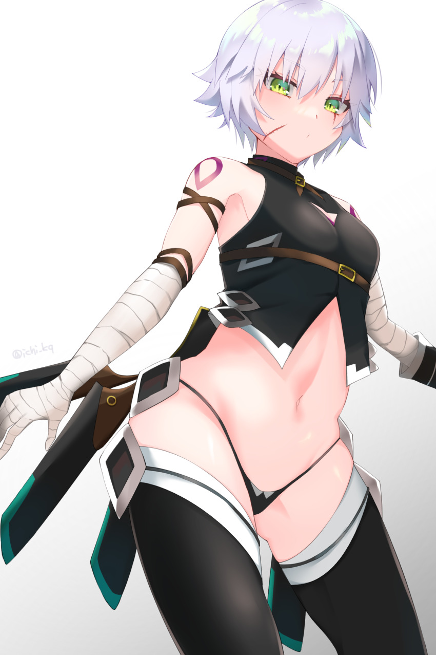 1girl, bandaged_arm, bandages, bare_shoulders, black_panties, black_thighhighs, black_vest, boots, breasts, cropped_vest, facial_scar, fate/apocrypha, fate/grand_order, fate_(series), green_eyes, hair_between_eyes, highleg, highleg_panties, highres, ichi_kq, jack_the_ripper_(fate/apocrypha), looking_at_viewer, navel, panties, scar, scar_across_eye, scar_on_cheek, scar_on_face, short_hair, shoulder_tattoo, small_breasts, tattoo, thigh_boots, thighhighs, thighs, underwear, vest, white_hair