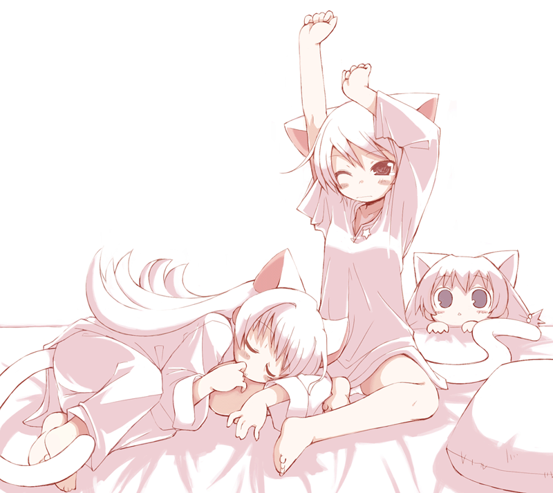 3girls, animal_ears, barefoot, bed, black_eyes, blue_eyes, blush_stickers, cat_ears, cat_tail, child, dejiko, di_gi_charat, feet, long_hair, lying, mike_(di_gi_charat), monochrome, multiple_girls, on_side, pajamas, panties, pillow, pink_theme, puchiko, red_eyes, rinna, rinna_(di_gi_charat), saxyun, short_hair, sitting, sleeping, spot_color, stretching, tail, underwear, usada_hikaru, white_hair, wince