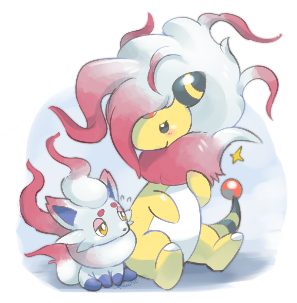 ampharos, black_eyes, blush, bright_pupils, closed_mouth, commentary_request, cosplay, flying_sweatdrops