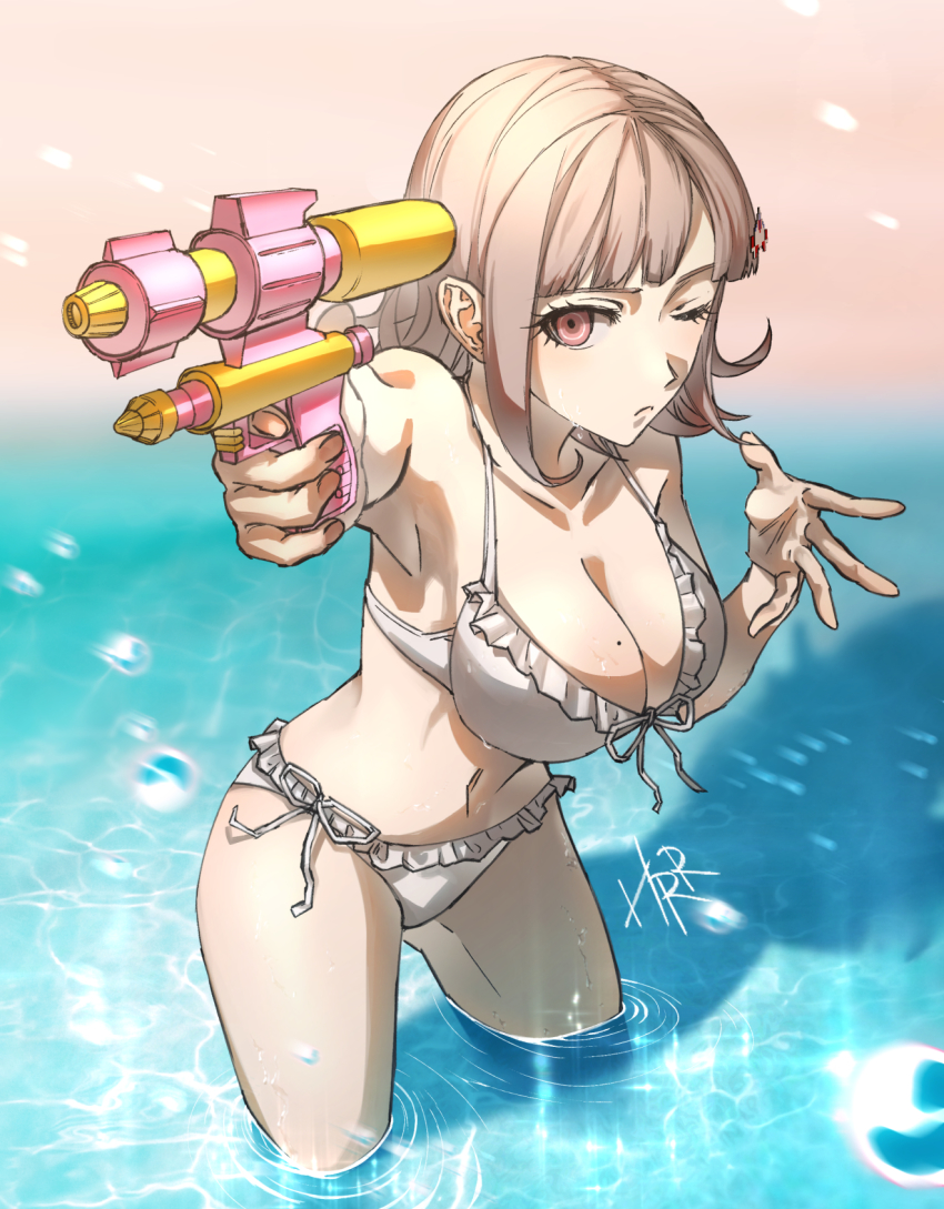 1girl, aiming, arm_up, bikini, breasts, brown_eyes, brown_hair, cleavage, collarbone, danganronpa_(series), danganronpa_2:_goodbye_despair, foreshortening, front-tie_bikini_top, front-tie_top, frown, hair_ornament, hand_up, harari, highres, holding, holding_water_gun, large_breasts, medium_hair, mole, mole_on_breast, nanami_chiaki, navel, official_alternate_costume, side-tie_bikini_bottom, signature, standing, stomach, swimsuit, wading, water, water_gun