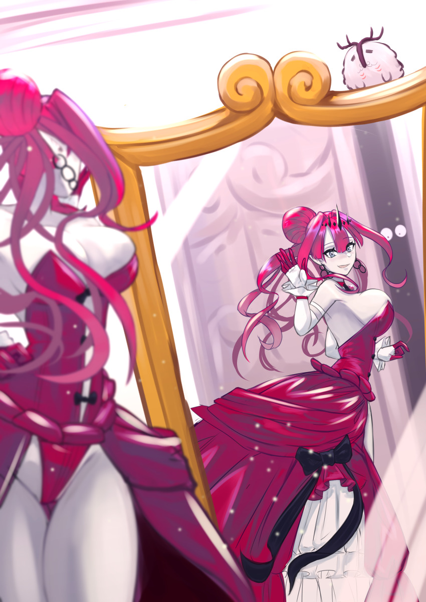 1girl, absurdres, baobhan_sith_(fate), black_bow, blush, bow, breasts, cleavage, colored_skin, cosplay, detached_sleeves, dress, earrings, elizabeth_bathory_(cinderella)_(fate), elizabeth_bathory_(cinderella)_(fate)_(cosplay), elizabeth_bathory_(fate), fang, fate/grand_order, fate_(series), gloves, grey_eyes, grey_skin, half_gloves, highres, jewelry, large_breasts, long_dress, looking_at_mirror, looking_at_viewer, mirror, pale_skin, pointy_ears, red_dress, red_gloves, red_hair, reflection, revealing_clothes, smile, solo, the_flying_toaster, white_sleeves