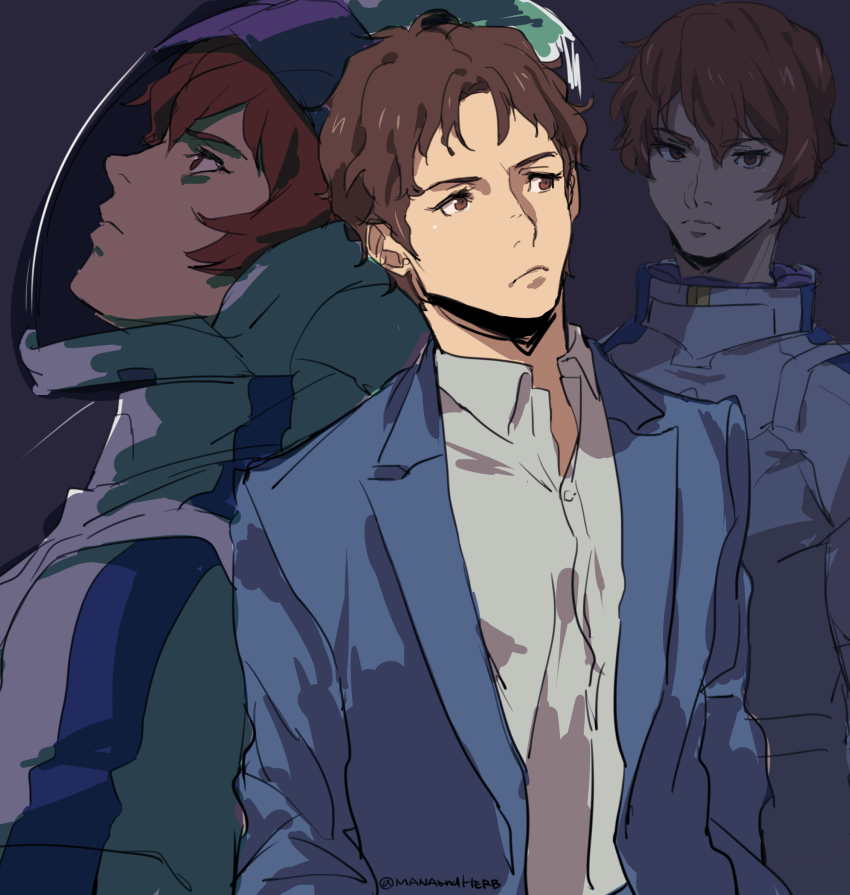 2boys, absurdres, blue_jacket, brown_eyes, brown_hair, collared_shirt, formal_clothes, gundam