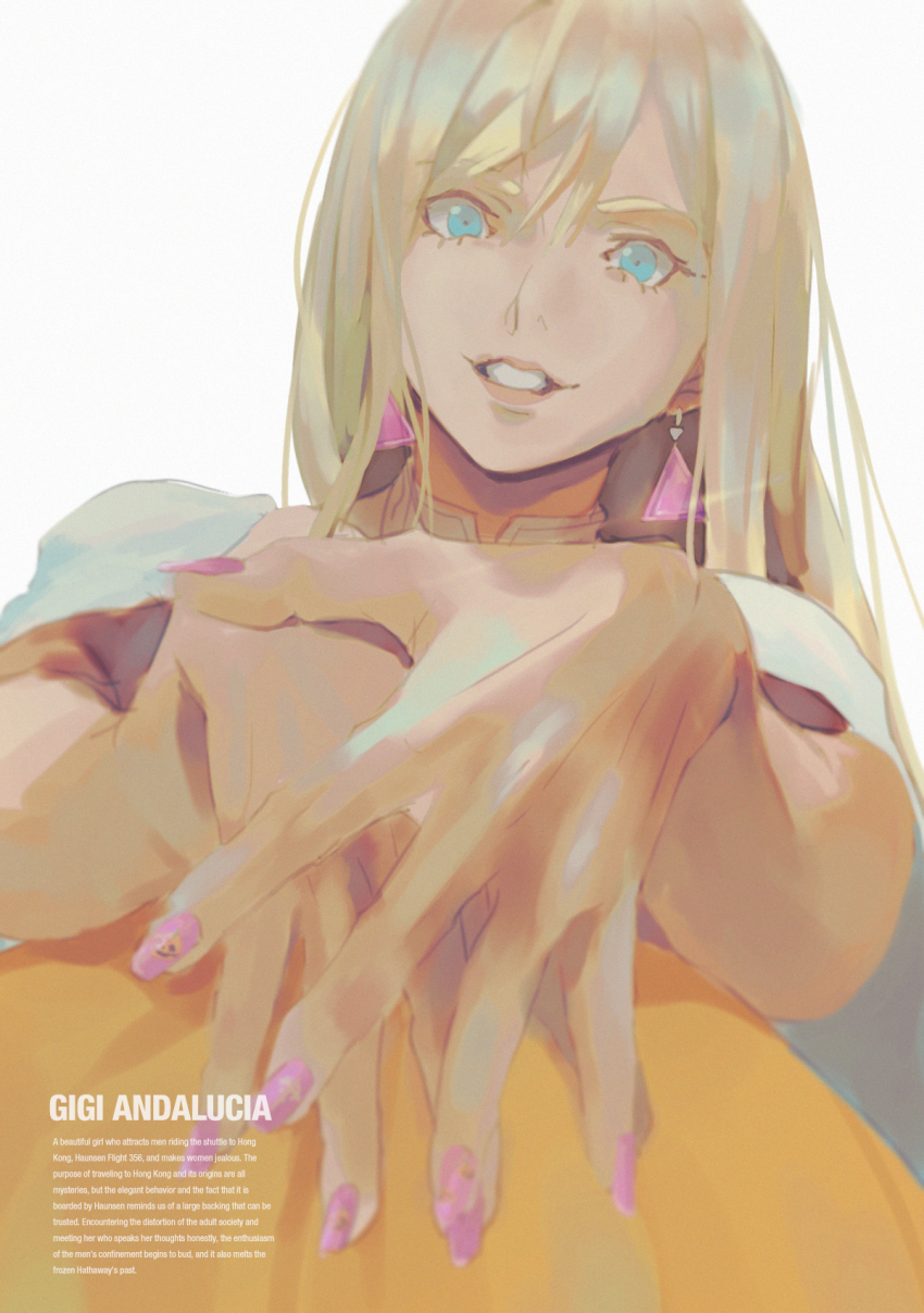 1girl, blue_eyes, capelet, character_name, earrings, english_text, gigi_andalusia, gundam, gundam:_hathaway's_flash, highres, jewelry, nail_polish, own_hands_together, pink_nails, portrait, pumpkin, ryukusou, smile, solo, triangle_earrings, white_background, white_capelet