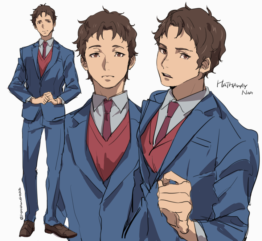 1boy, absurdres, blue_jacket, blue_pants, brown_eyes, brown_hair, character_name, collared_shirt
