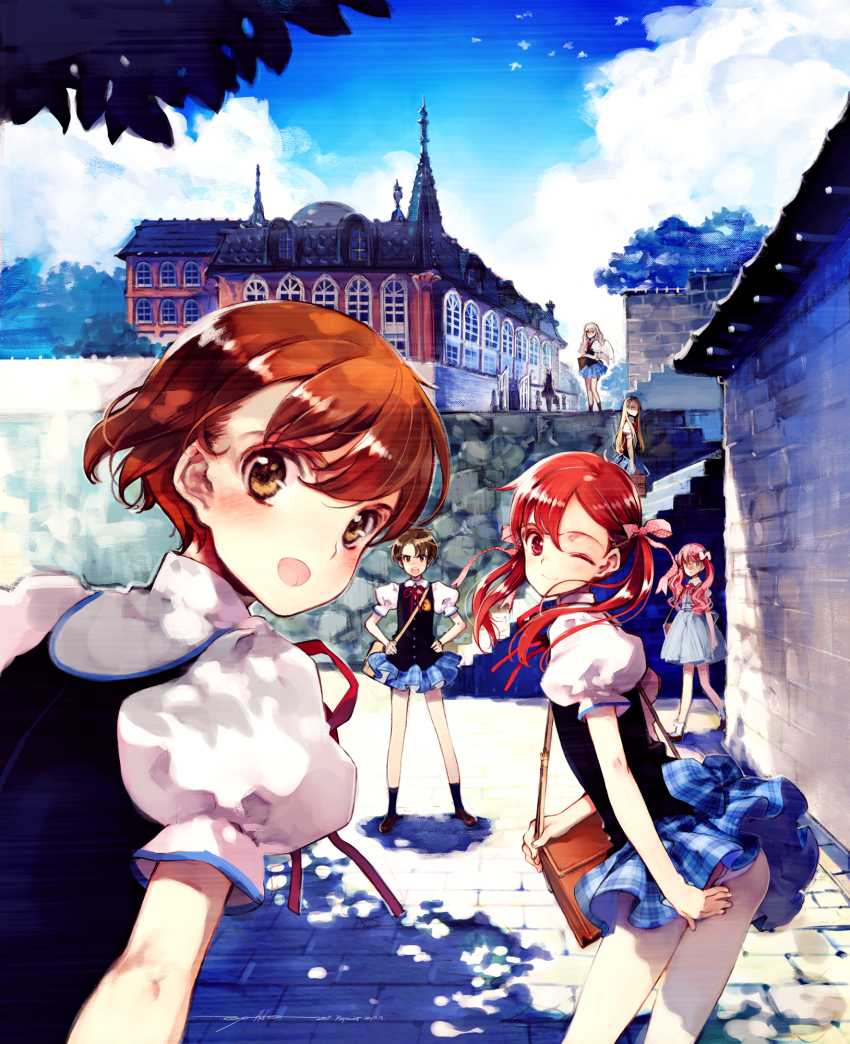 angel_wings, architecture, ass, bag, blonde_hair, blue_dress, blue_hair, blush