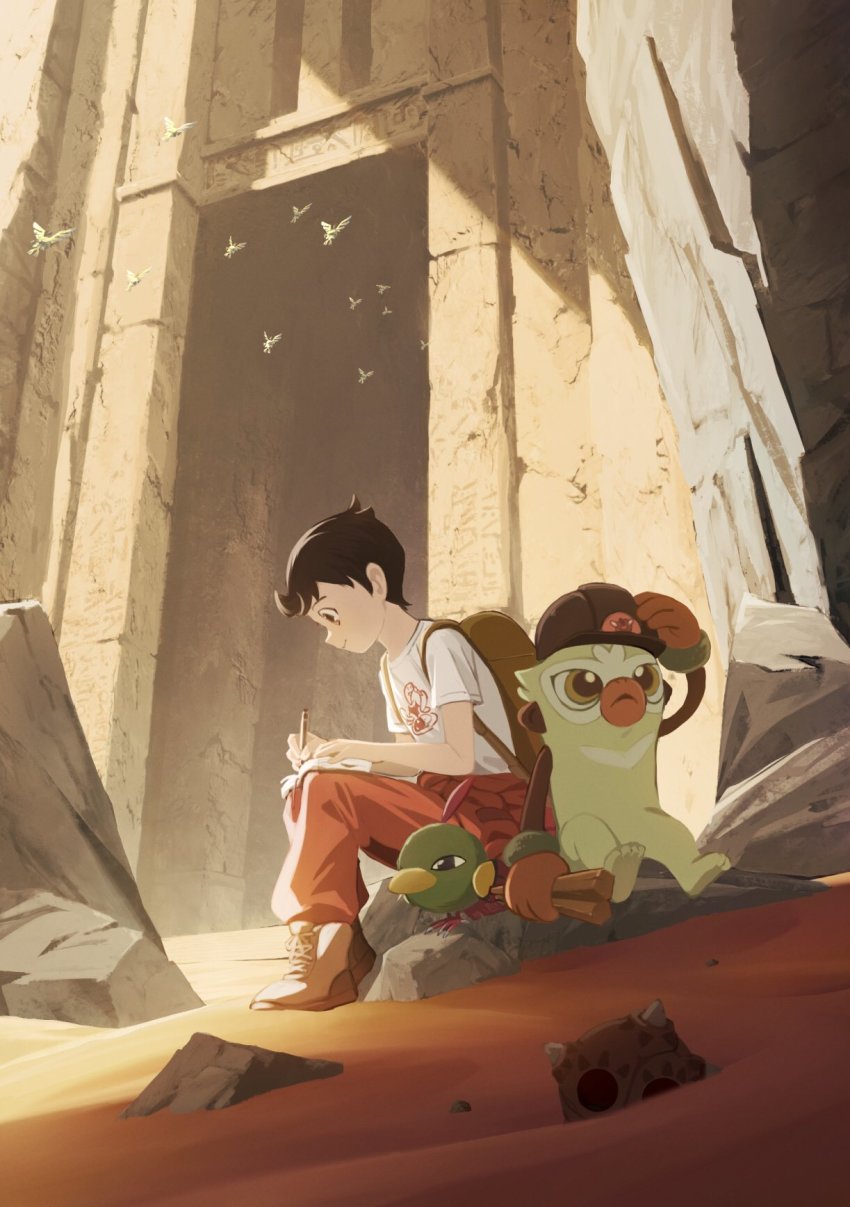 1boy, amakara000, backpack, bag, boots, brown_bag, brown_hair, character_print