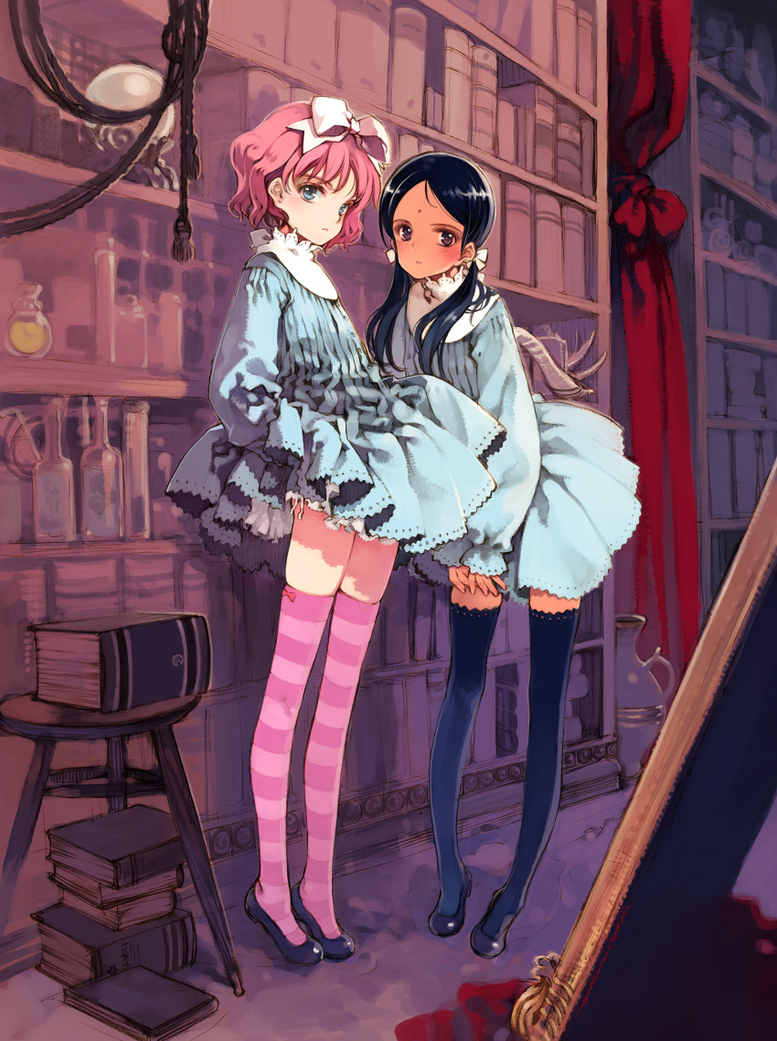 2girls, aria_vancleef, black_footwear, black_hair, black_legwear, blue_dress, blue_eyes, blush, book, book_stack, bookshelf, bottle, bow_legwear, brown_eyes, crystal_ball, curtains, dark-skinned_female, dark_skin, dated, dress, facial_mark, forehead_mark, full_body, hair_ribbon, highres, indoors, kaya_xavier, loafers, long_hair, long_sleeves, looking_at_viewer, multiple_girls, ooyari_ashito, parted_bangs, parted_lips, pink_hair, pink_legwear, redrawn, ribbon, shoes, short_dress, short_hair, shoujo_mahou_gaku_littlewitch_romanesque, signature, stool, striped_clothes, striped_legwear, striped_thighhighs, thighhighs, twintails, vase, white_ribbon, zettai_ryouiki