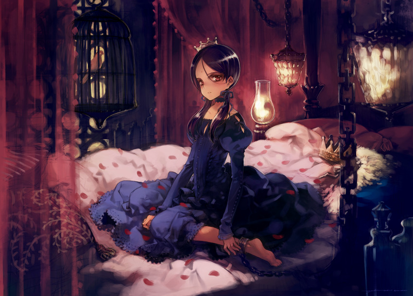 1girl, barefoot, bdsm, bed, bedroom, bird, black_hair, blush