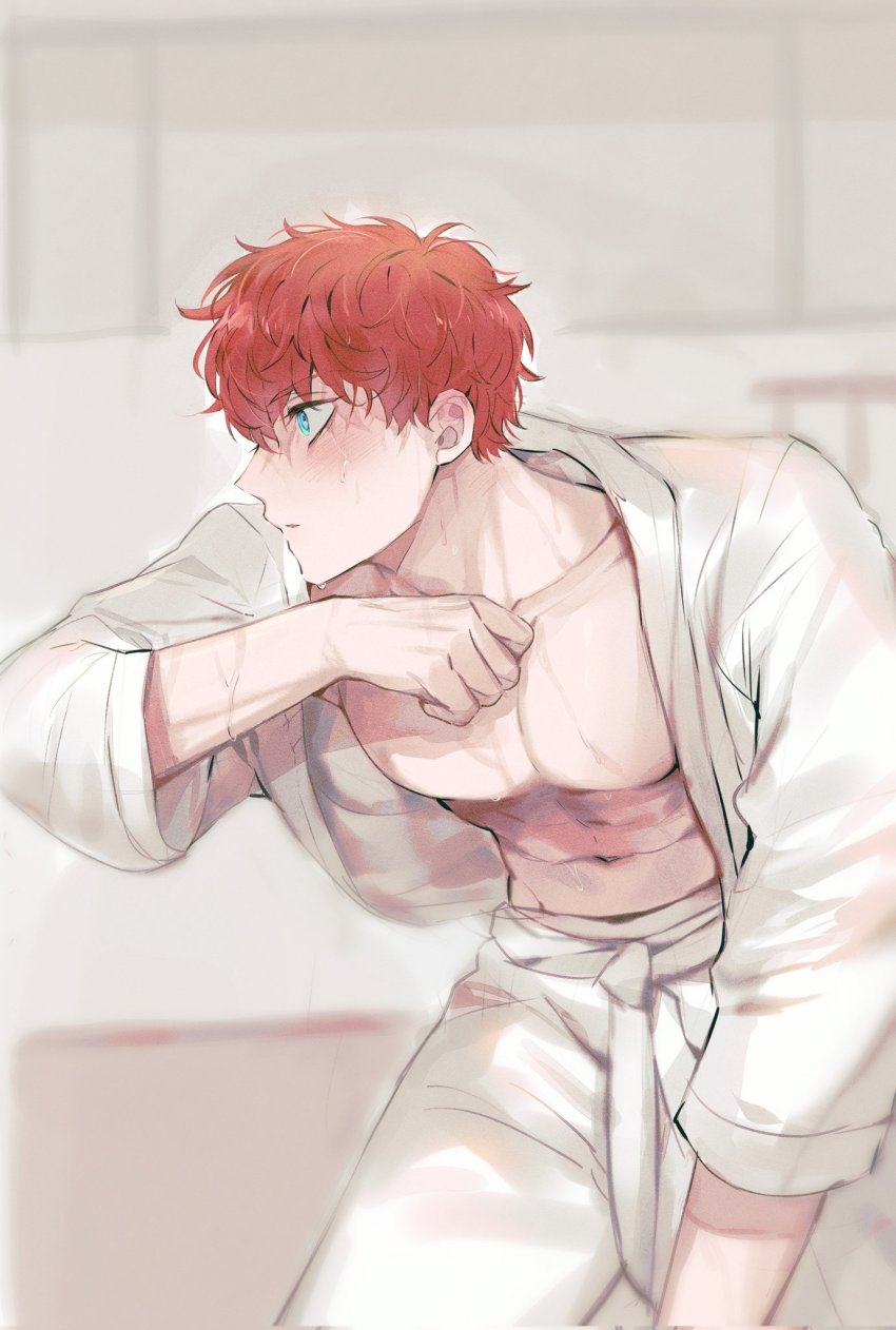 1boy, abs, amagi_hiiro, bara, belt, blue_eyes, dougi, ensemble_stars!