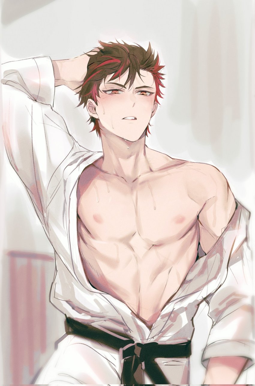 1boy, abs, belt, black_belt, black_hair, brown_eyes, dougi, ensemble_stars!