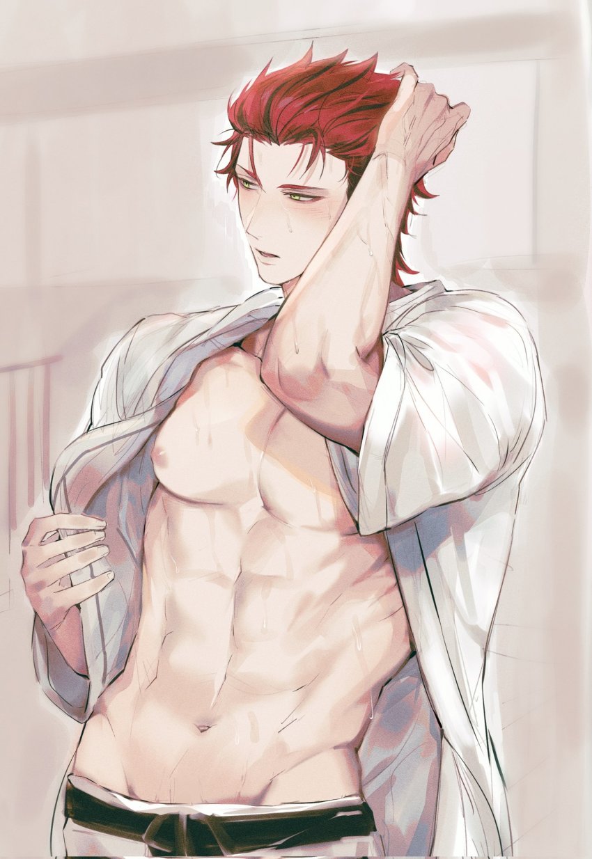 1boy, abs, bara, belt, black_belt, dougi, ensemble_stars!, green_eyes