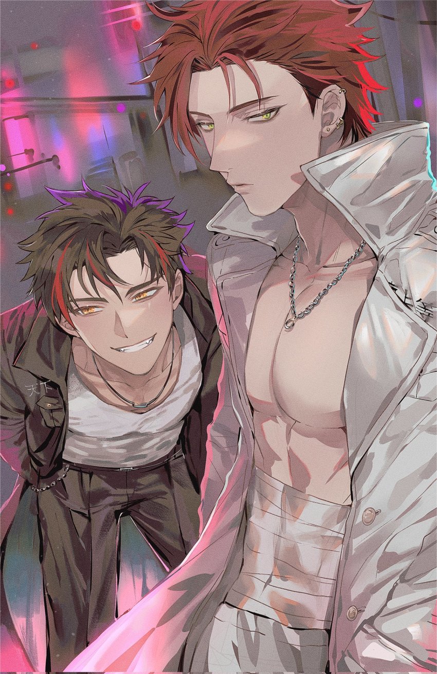 2boys, abs, bandages, black_hair, black_jacket, black_pants, brown_eyes, chain