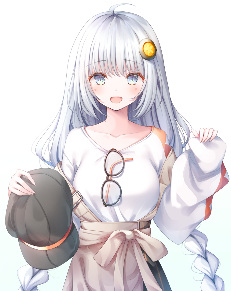 1girl, :d, a.i._voice, ahoge, bad_id, bad_pixiv_id, black_hat, black_skirt