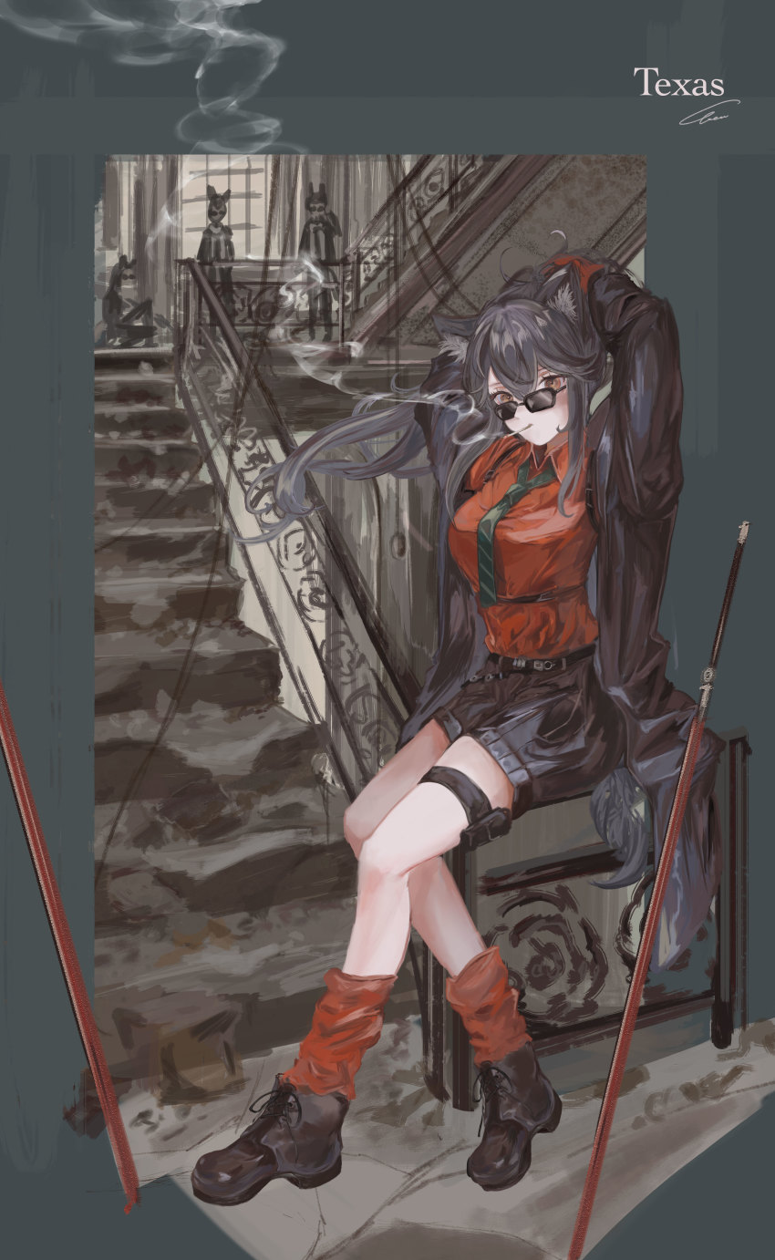 1girl, absurdres, animal_ears, arknights, arms_behind_head, belt, black_hair, black_jacket, black_shorts, character_name, cigarette, collared_shirt, gloves, hair_between_eyes, harness, highres, jacket, long_hair, long_jacket, long_sleeves, looking_at_viewer, necktie, official_alternate_costume, open_clothes, open_jacket, ponytail, red_footwear, red_gloves, red_shirt, shirt, shorts, sitting, smoke, smoke_trail, smoking, solo_focus, stairs, striped_clothes, striped_necktie, sunglasses, texas_(arknights), texas_(willpower)_(arknights), thigh_strap, vea_(v_ea_), weapon, wolf_ears