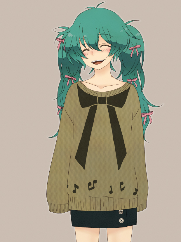alternate_hairstyle, bad_id, bad_pixiv_id, blush, closed_eyes, hair_ribbon, happy, hatsune_miku, long_hair, mirai_(kiichigo3), oversized_clothes, ribbon, skirt, solo, sweater, twintails, vocaloid