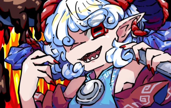 armpits, blue_dress, collar, curled_horns, curly_hair, dress, fire, giant_spoon, goat_horns, holding, holding_spoon, holding_weapon, horns, lana151, metal_collar, nail_polish, oil, one_eye_closed, orange_background, pointy_ears, red_eyes, red_horns, red_sleeves, ribbon, short_hair, short_sleeves, spoon, tagme, touhou, sunken_fossil_world, toutetsu_yuuma, weapon, white_hair