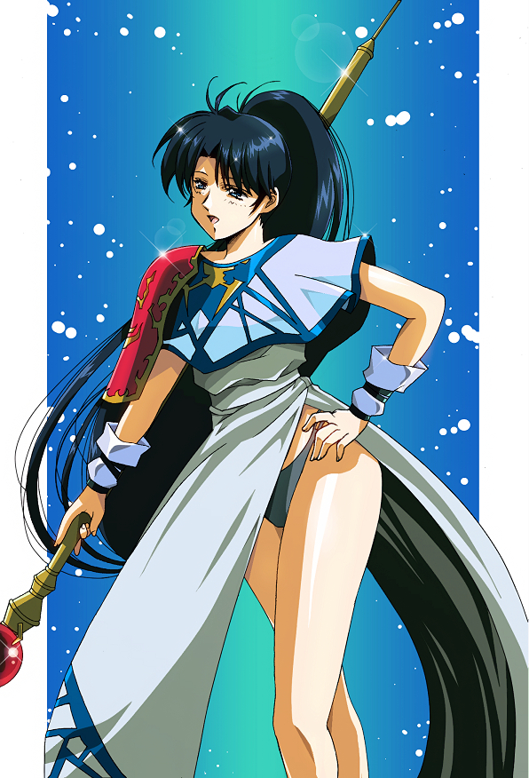 1980s_(style), 1girl, armor, bad_id, bad_pixiv_id, black_hair, blue_background, blue_eyes